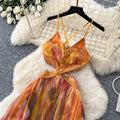 Vacation style smudged halter suspender dress women's summerv neck exposed waist careful mesh fairy elegant long skirt