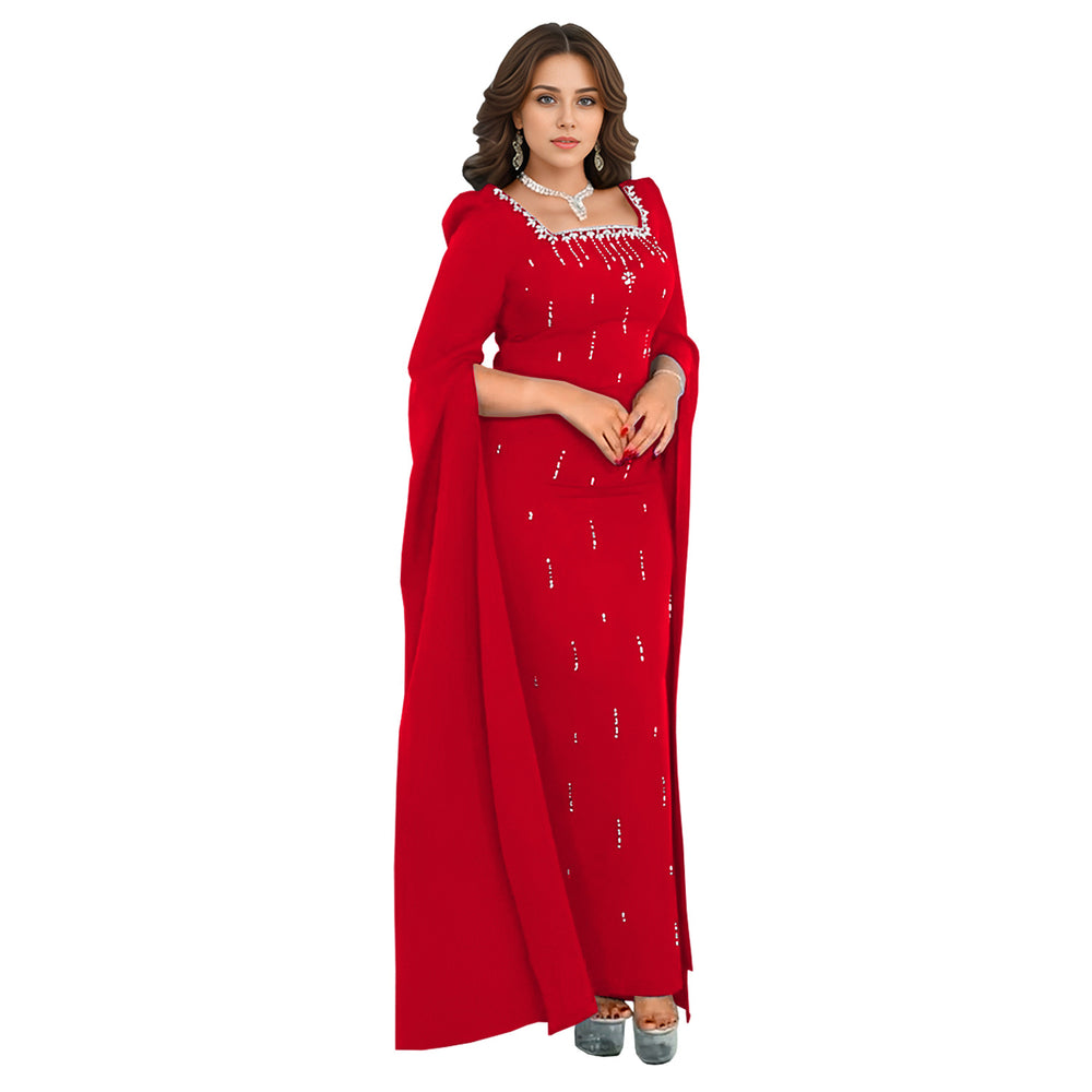 C7259 cross-border   fashion women's back-slit cape sleeve rhinestone embellished elegant dress