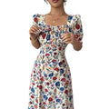 new european and american style floral midi dress with square neck, puff short sleeves, ruched bust, and a-line silhouette