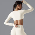 New women's activewear long sleeve top: deep v-neck, slim fit, breathable, trendy cropped yoga top for outdoor workouts