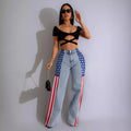 fashion american flag print stretch wide leg denim pants women's casual high waist straight leg jeans