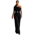 C7765 cross-border  new style accessible luxury mesh oblique shoulder high waist wide leg pants crescent buckle banquet temperament jumpsuit
