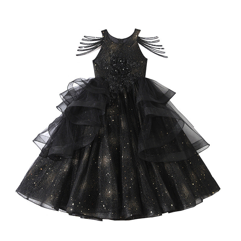 Black high-end children's evening gown, girls' princess dress, fluffy tulle, stylish hostess outfit, student violin performance costume
