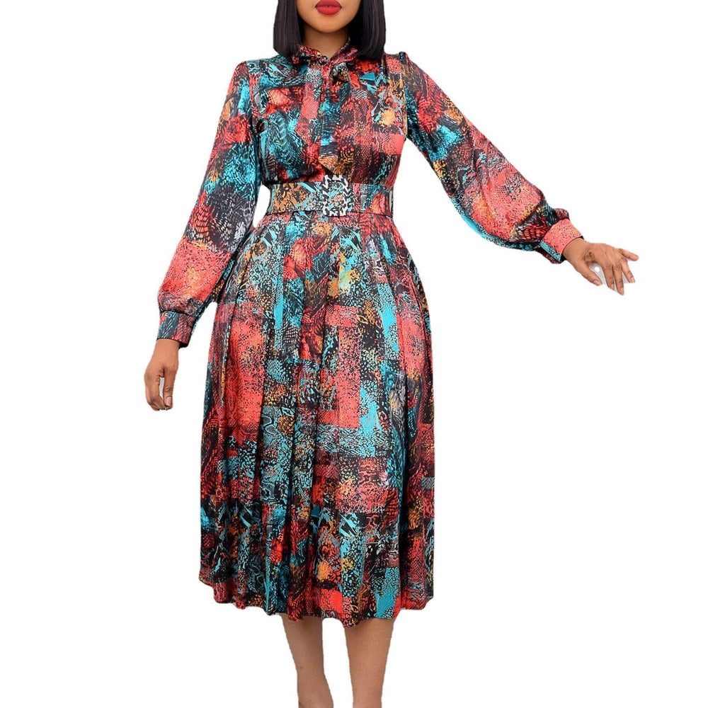 D238 free belt   spring cross-border new long-sleeved high-waisted printed plus size banquet export dress