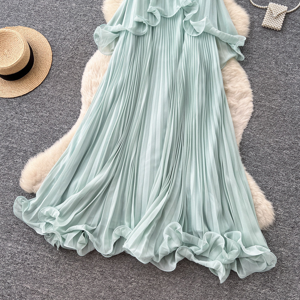 Elegant mint green sleeveless halter dress - women's early summer pleated ruffle trim slimming chic pleated maxi dress