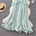 Elegant mint green sleeveless halter dress - women's early summer pleated ruffle trim slimming chic pleated maxi dress
