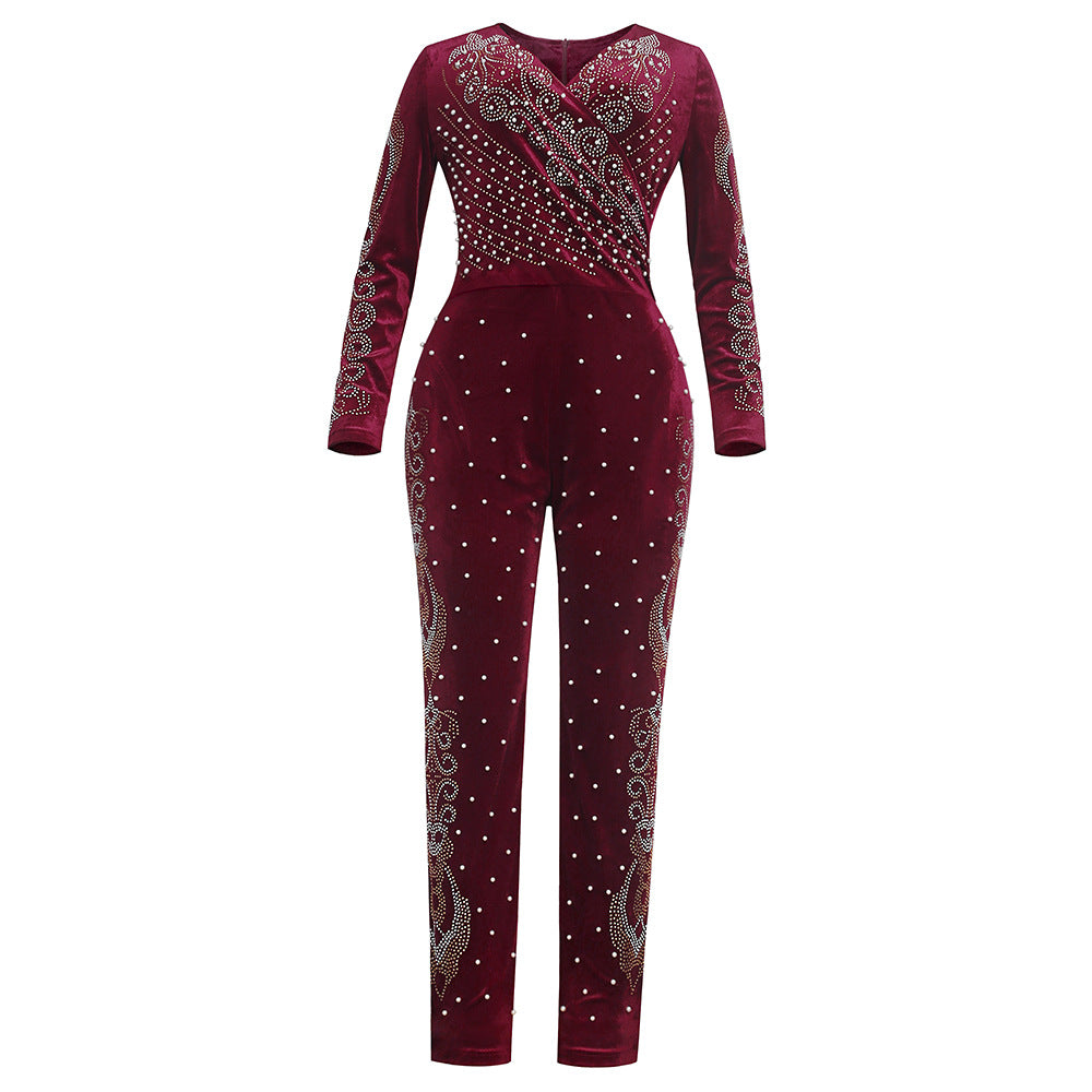 supply fall and winter new products heavy industry hot diamond beading   flannel long sleeves jumpsuit african women