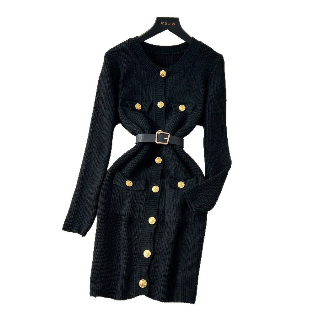 French chic chanel-inspired round neck cardigan knit dress - women's fitted waist inner layer sweater dress