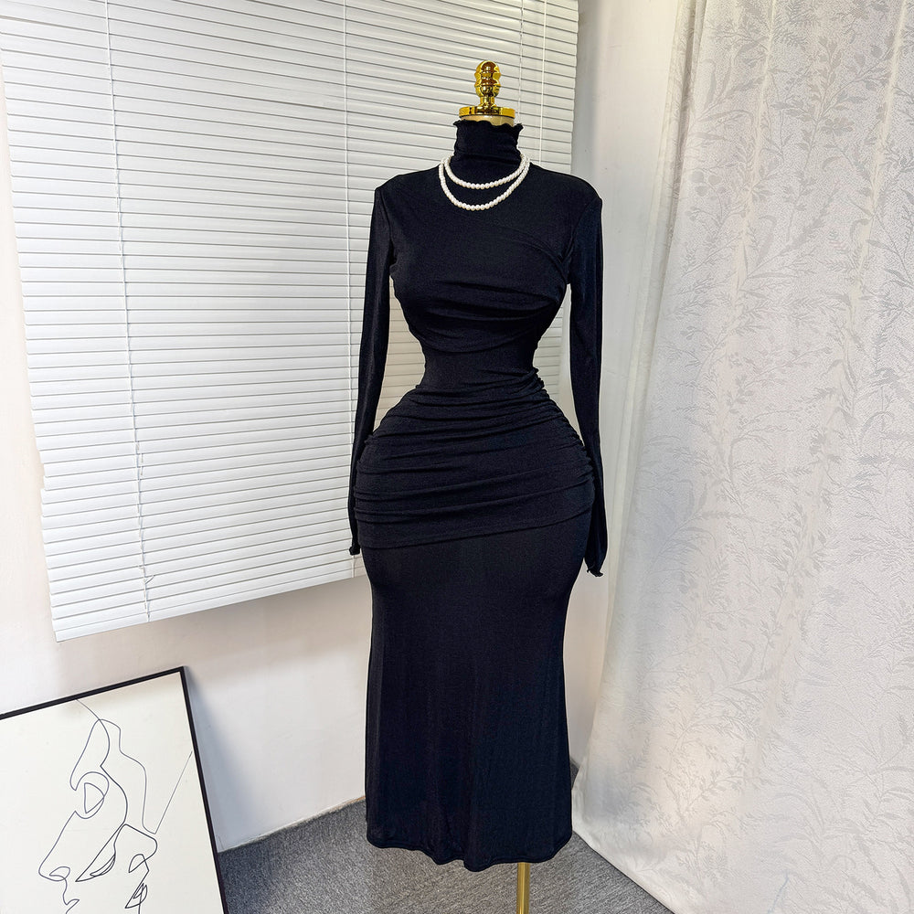 fashion style evening dress  spring new arrivalfashionelegant silhouette high collar chest wrap hip long sleevesdress