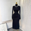 fashion style evening dress  spring new arrivalfashionelegant silhouette high collar chest wrap hip long sleevesdress