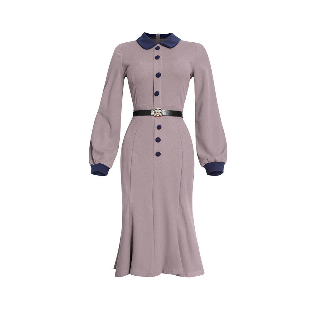 Kayaat cross-border african plus size women's clothing long sleeve slimming look high socialite doll collar dress with belt