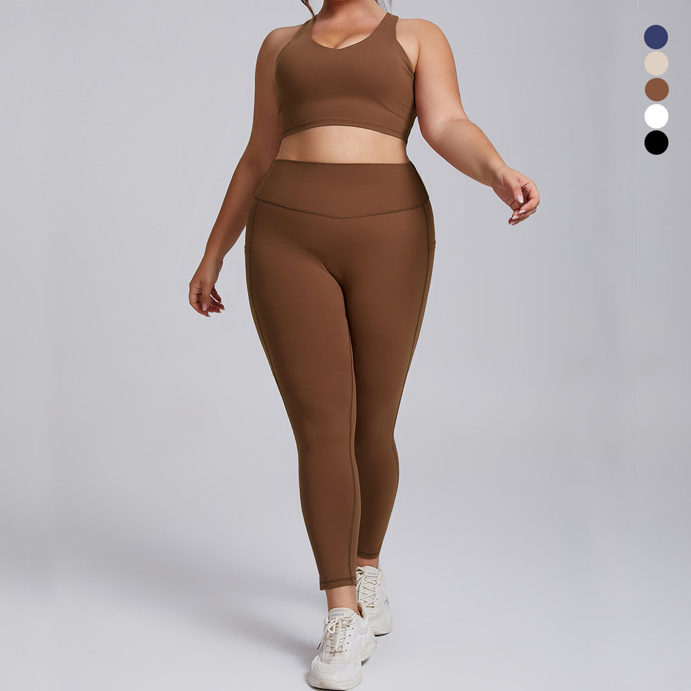 European and american nude feel plus size yoga outfit set - women's premium tight-fitting activewear two-piece set with pockets for fitness