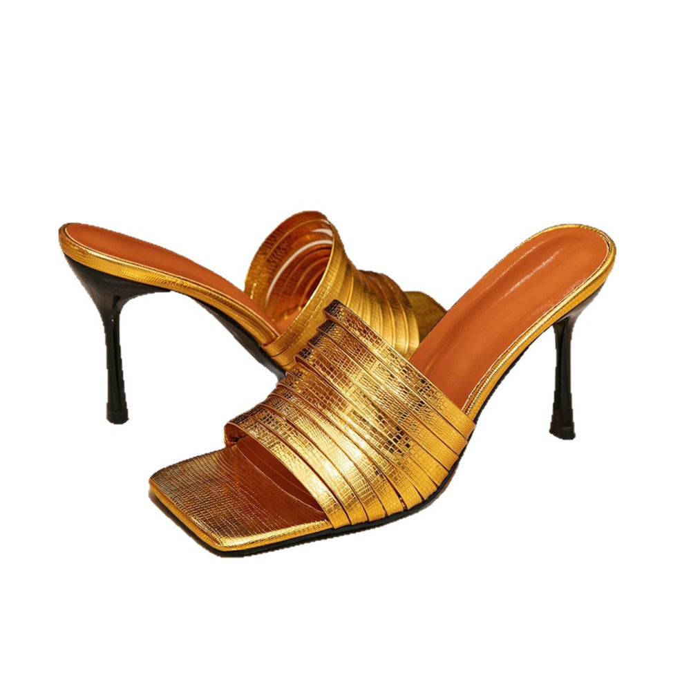 Women's fashion square toe gold heel sandals - stiletto heel slip-ons for casual wear