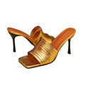 Women's fashion square toe gold heel sandals - stiletto heel slip-ons for casual wear