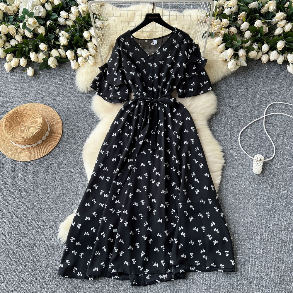 Gentle style female niche styleretro tea break v neck bell sleeves tie back waist slimming look a-line large swing floral dress for women