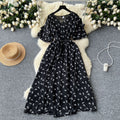 Gentle style female niche styleretro tea break v neck bell sleeves tie back waist slimming look a-line large swing floral dress for women