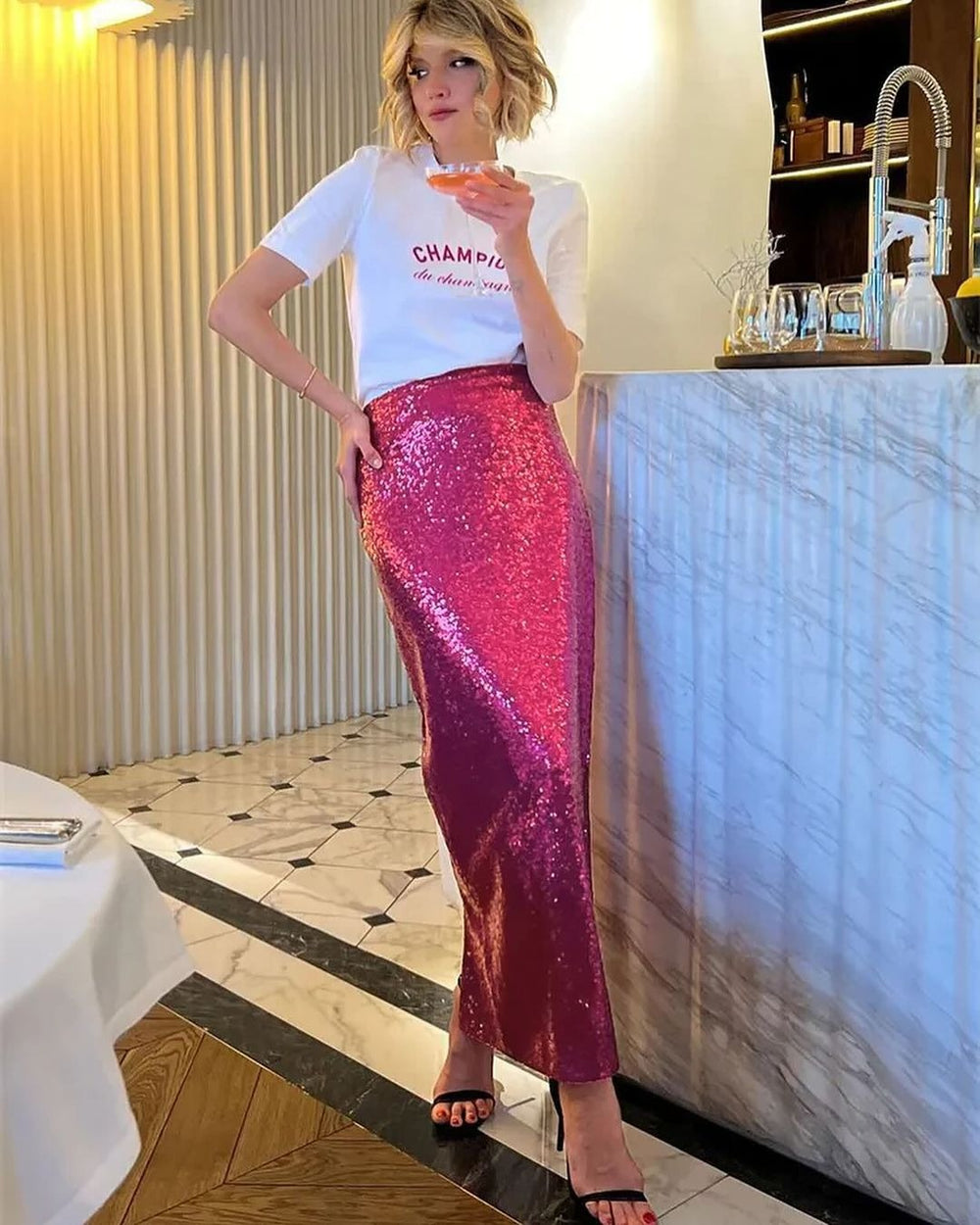 2025 european and american new fashion high-waisted slimming sequin midi skirt - women's elastic waist, back slit, stretch straight-leg long skirt