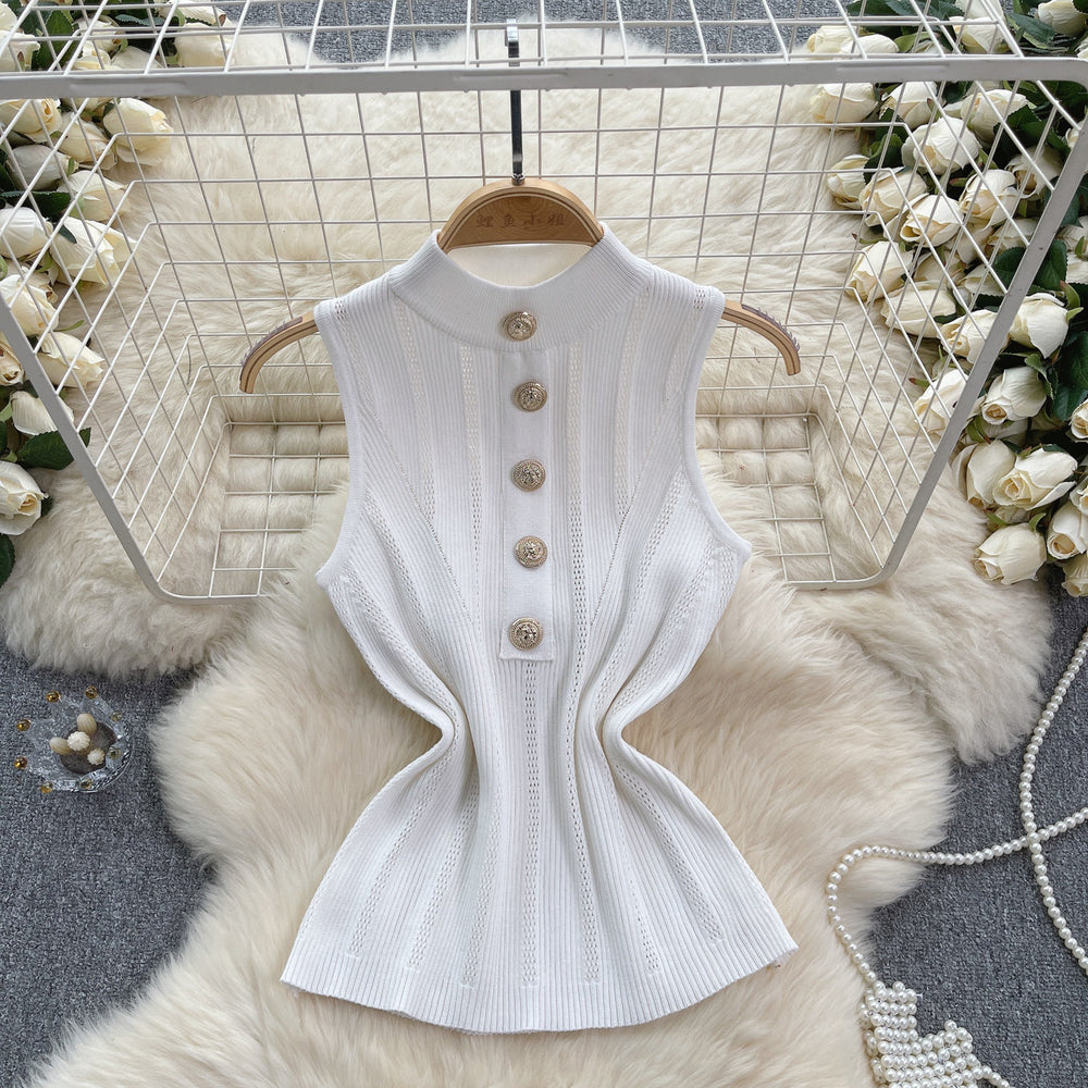 Classy sense of knittingtops women's elegant half turtleneck breasted silmshort stretch tight sleeveless vest bottom shirt