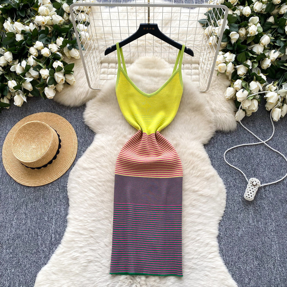 Korean chic summer new arrival: niche retro fashion color block camisole knit dress - women's vacation dress