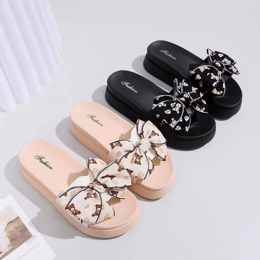 Thick sole bear bows slippers women's summer outwear 2025 new arrival fairy style fashion heightenednon-slip sandals women's slippers