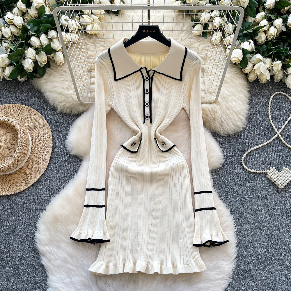 French dress women's fall and winter  new arrival tweed styleclassy fashion contrast color lapel waist knitting skirt