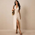 summer new european and american  cross-border fashion solid color multi-button sleeveless long versatile maxi dress