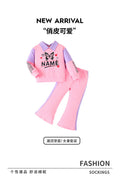 girls' autumn outfit: purple-pink turn-down collar sweatshirt with butterfly and letter print, flared pants, kids' two-piece set