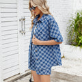Fashion cross-border women's summer new arrival  thin washed casualloose denim plaid shirt short-sleeved suit