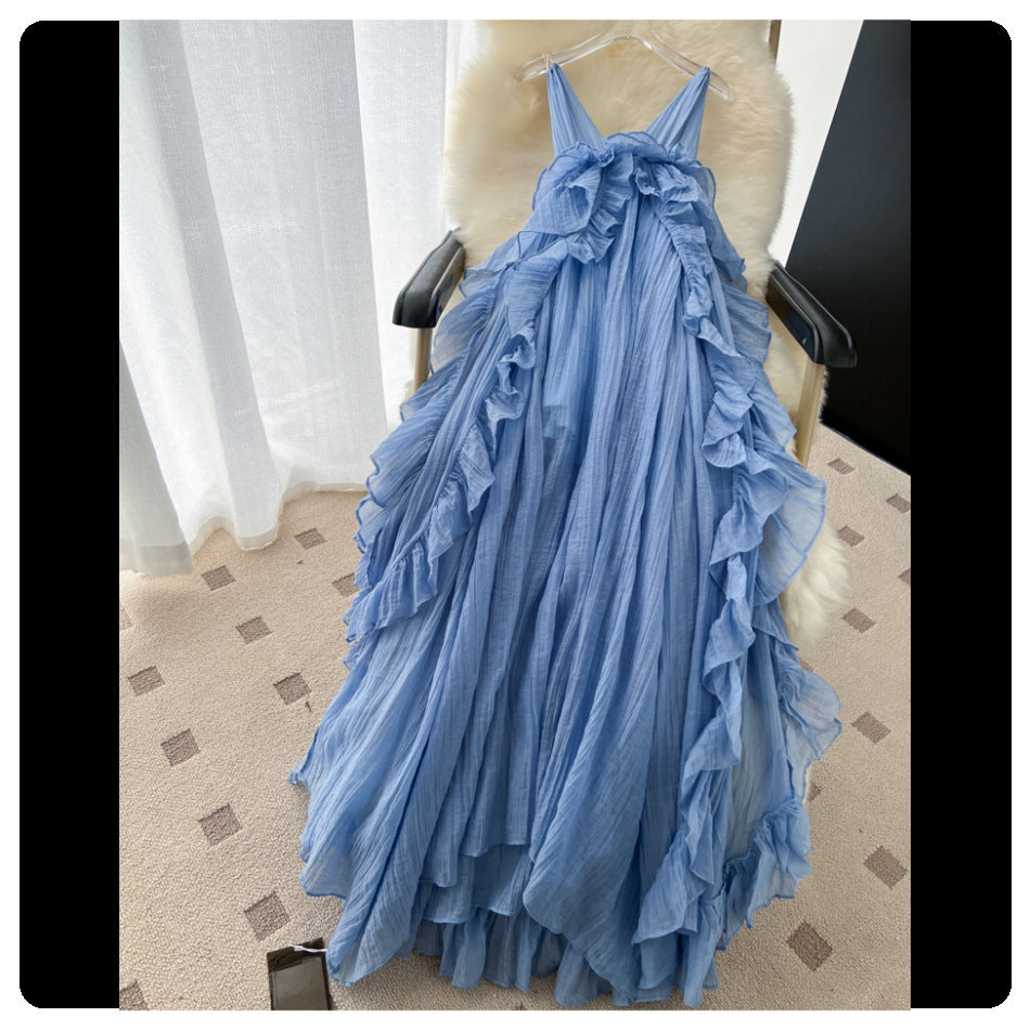 Vacation style blue suspender sweet age-reducing dress female summer romanticruffles trailing long skirt showing white fairy spirit