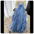 Vacation style blue suspender sweet age-reducing dress female summer romanticruffles trailing long skirt showing white fairy spirit
