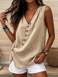 Casualv neck diagonal buckle loose linen vest casual side slit vacation comfy basics women's clothing 1688 supply