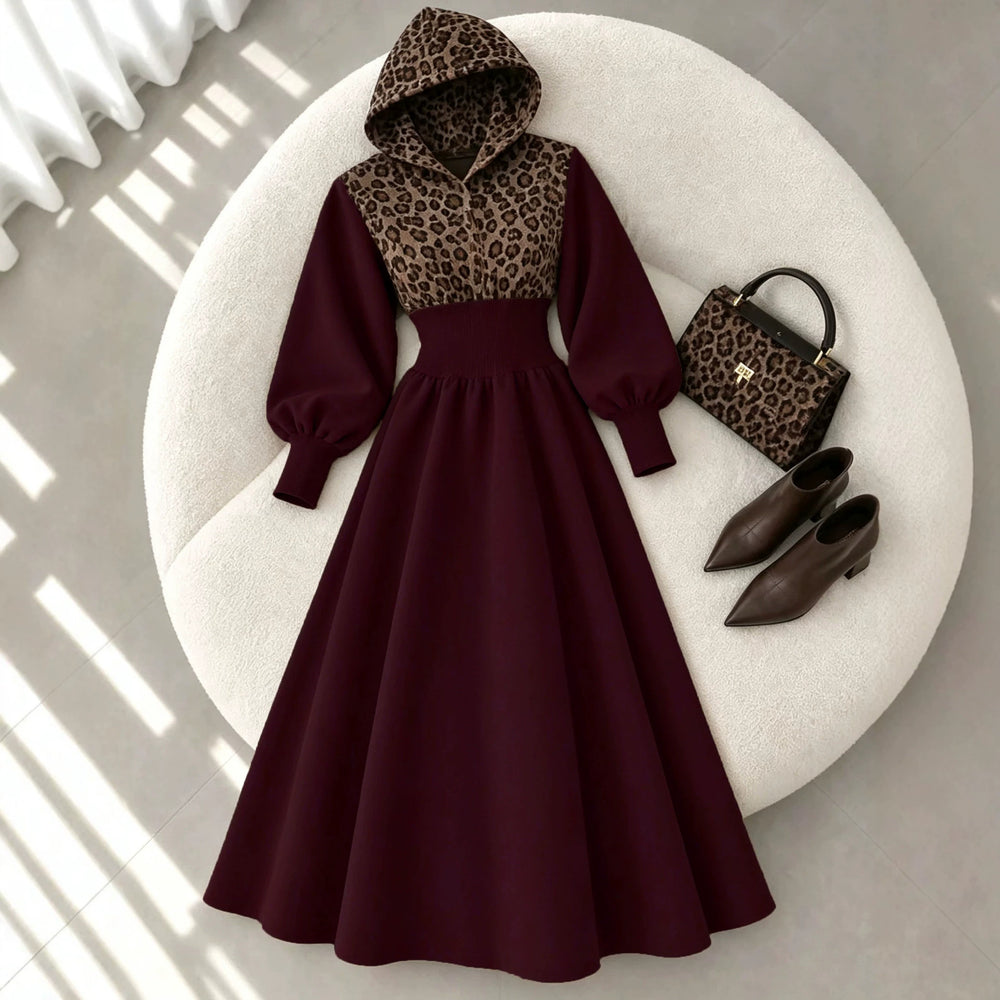 cross-border fashion women's versatile casual hooded leopard print patchwork a-line long slimming dress