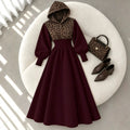cross-border fashion women's versatile casual hooded leopard print patchwork a-line long slimming dress