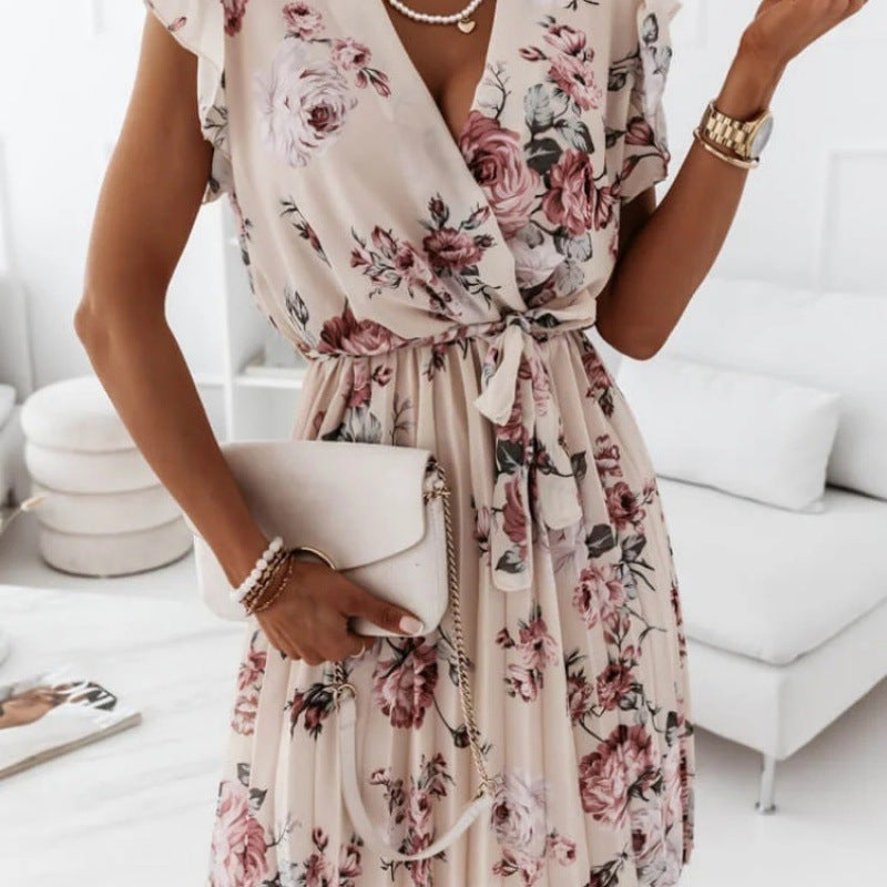 Dresssummernew arrival women best selling flutter sleeves waist floral pleated skirt