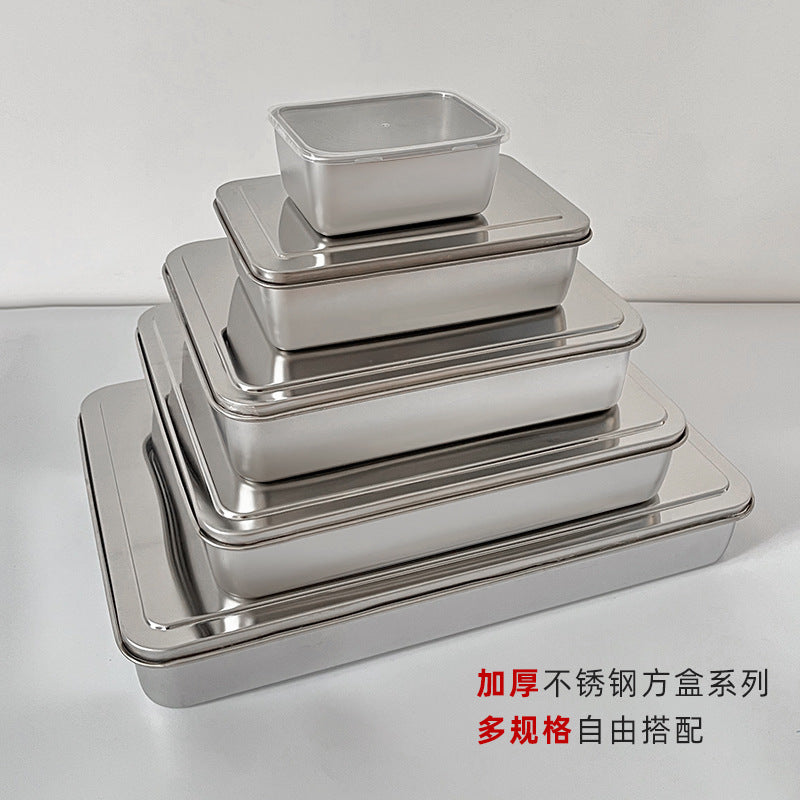 Sushi display plate sushi box 304 stainless steel tiramisu tray rectangular with lid fresh-keeping box for stalls