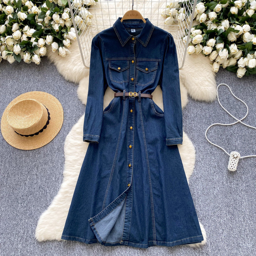European and american retro style polo collar denim dress - women's winter belted slimming single-breasted design elegant maxi dress