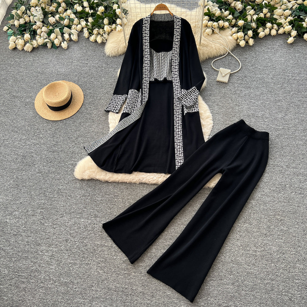 Lazy style knittingcardiganloose pantstwo-piece setfemaleautumwork clothingslimming looksuitsweaterthree-piece set