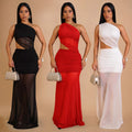 C7515 cross-border   fashion women's sexy one-shoulder see-through mesh backless dress