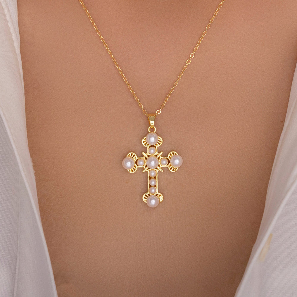 French style inlaid pearl cross pendant wholesale european and american cross-border retro necklace women's accessible luxury nichesweater chain necklace