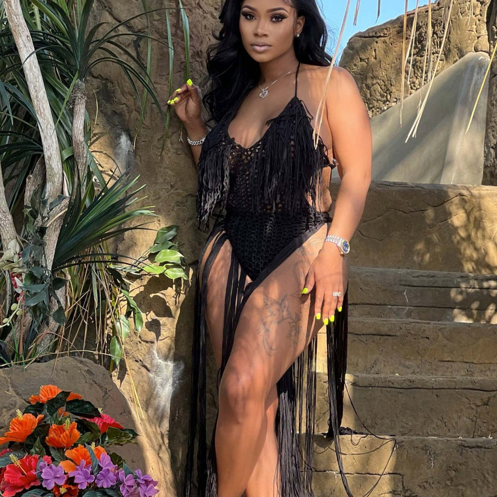 Sexy european and american style women's beach dress - hand-crocheted one-piece with tassel skirt -  approved