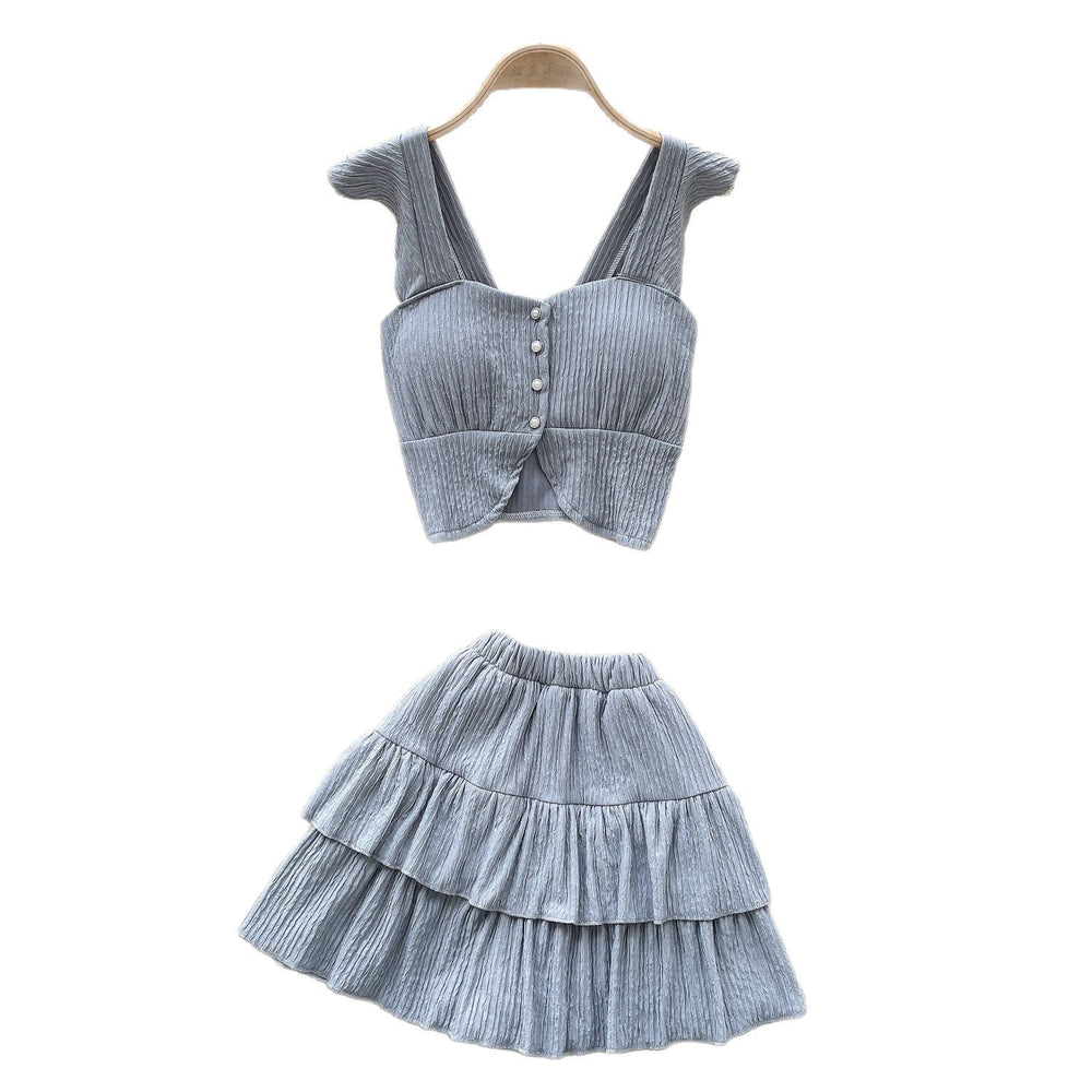 Summer outfit set for petite women: gentle style square neck cami top with flutter sleeves and ruffle mini skirt