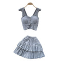 Summer outfit set for petite women: gentle style square neck cami top with flutter sleeves and ruffle mini skirt