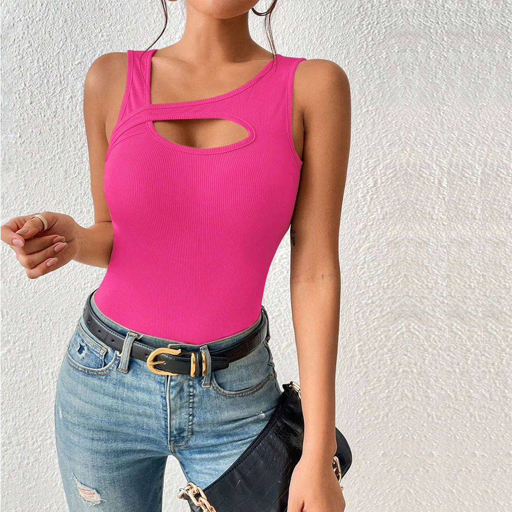 european and american women's clothing  new slim-fit sexy knitted solid color cutout tank top t-shirt - versatile and chic top