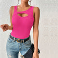 european and american women's clothing  new slim-fit sexy knitted solid color cutout tank top t-shirt - versatile and chic top