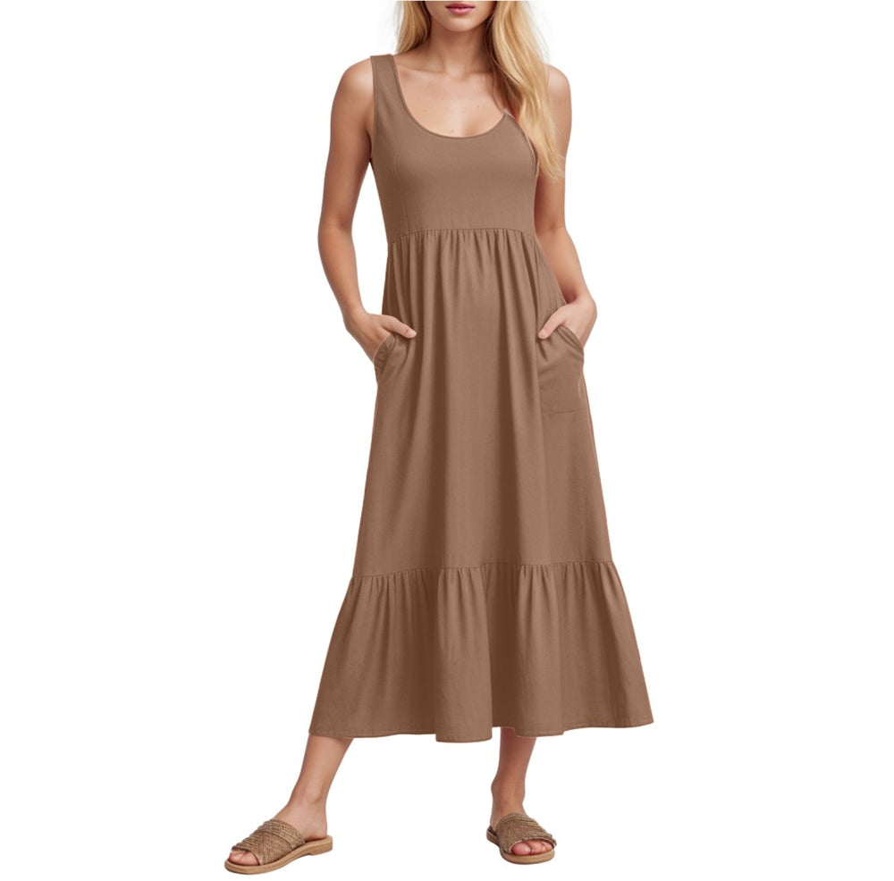 european and american cross-border summer sleeveless tank dress - flowy, layered beach maxi dress with pockets for women