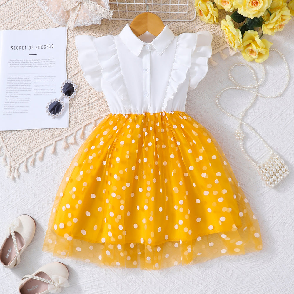 Girls' dress for toddlers and young children, ruffle trim mesh dot dress