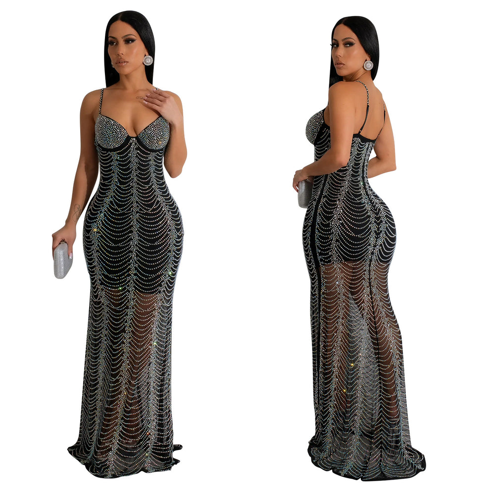 C6841 cross-border   fashion women's solid color mesh rhinestone camisole maxi dress