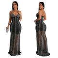 C6841 cross-border   fashion women's solid color mesh rhinestone camisole maxi dress