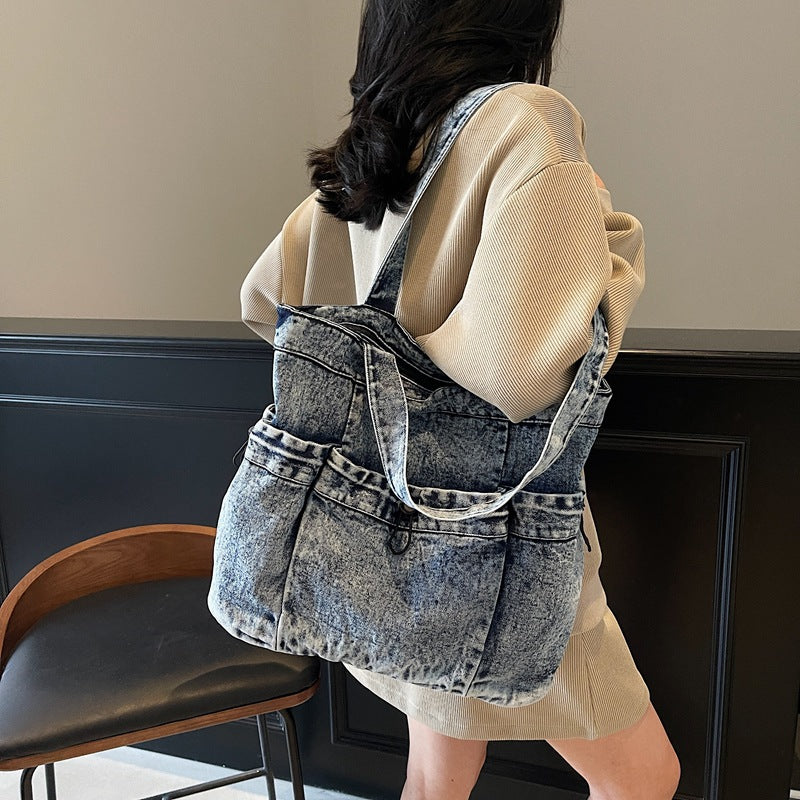 Cross-border new denim shoulder retro bag female Mori casual backpack new trendy cool simple commuter tote bag