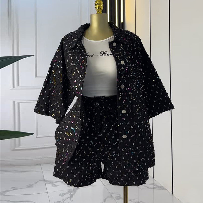 European and american cross-border women's fashion:  autumn new collection - luxury rhinestone embellished three-quarter sleeve blouse and wide-leg shorts set